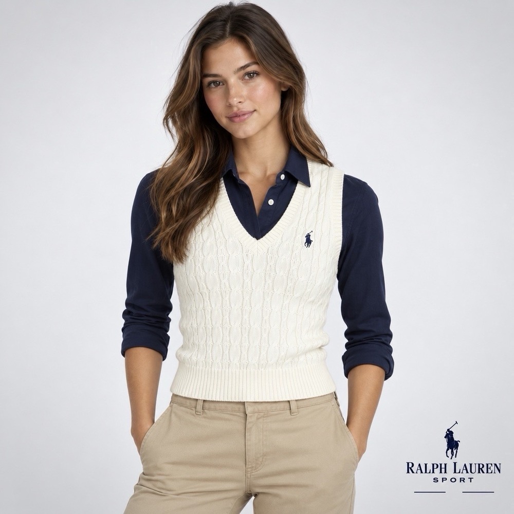 Ralph Lauren Sport Womens M Ivory Cable Knit Sweater Vest Polo Pony Cotton VNeck